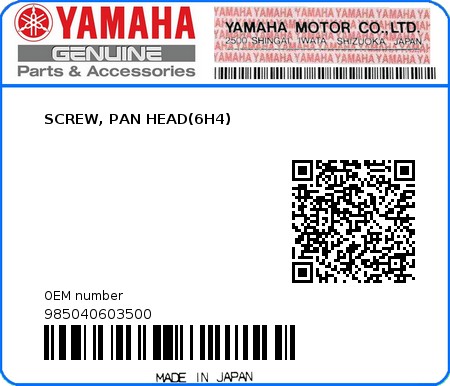 Product image: Yamaha - 985040603500 - SCREW, PAN HEAD(6H4)  0