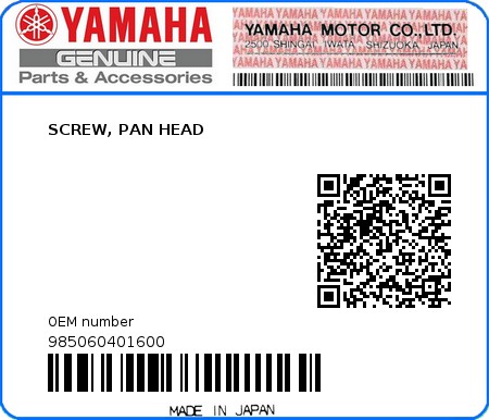 Product image: Yamaha - 985060401600 - SCREW, PAN HEAD  0