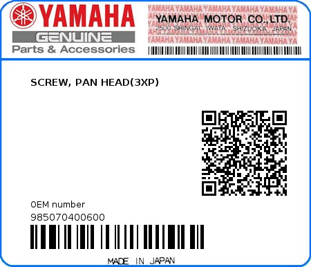 Product image: Yamaha - 985070400600 - SCREW, PAN HEAD(3XP)  0