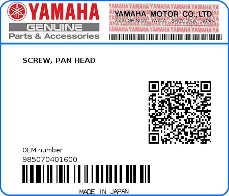 Product image: Yamaha - 985070401600 - SCREW, PAN HEAD  0
