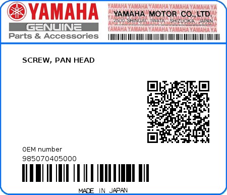 Product image: Yamaha - 985070405000 - SCREW, PAN HEAD  0