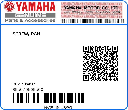 Product image: Yamaha - 985070608500 - SCREW, PAN  0