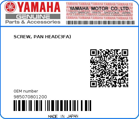 Product image: Yamaha - 985070801200 - SCREW, PAN HEAD(3FA)  0