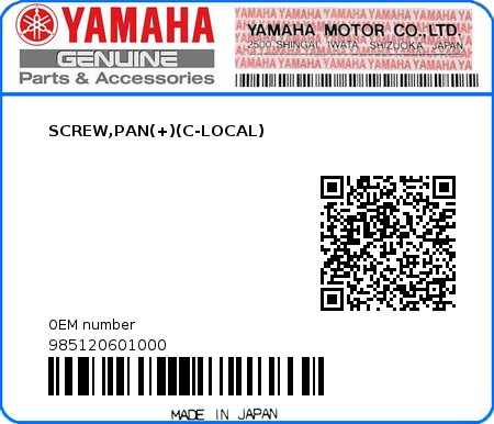 Product image: Yamaha - 985120601000 - SCREW,PAN(+)(C-LOCAL)  0
