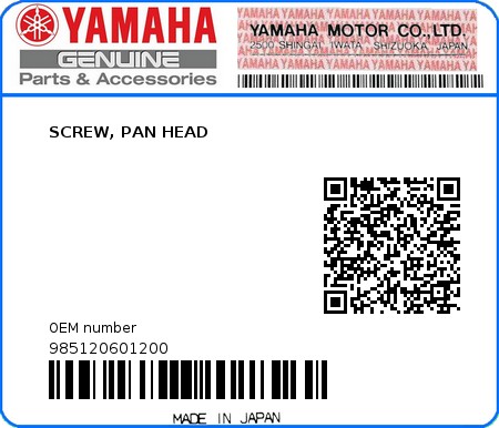 Product image: Yamaha - 985120601200 - SCREW, PAN HEAD  0