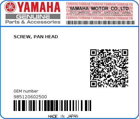 Product image: Yamaha - 985120602500 - SCREW, PAN HEAD  0