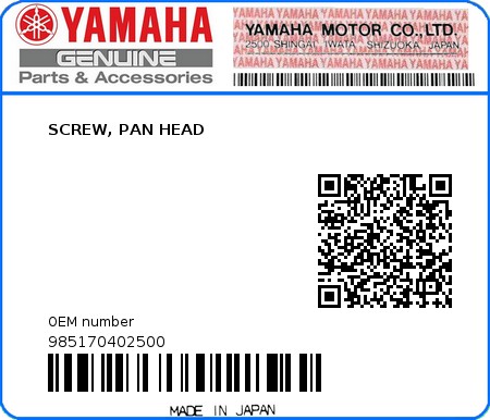 Product image: Yamaha - 985170402500 - SCREW, PAN HEAD   0