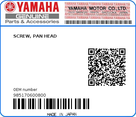 Product image: Yamaha - 985170600800 - SCREW, PAN HEAD   0