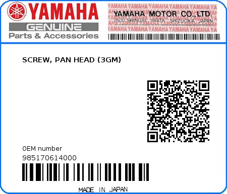 Product image: Yamaha - 985170614000 - SCREW, PAN HEAD (3GM)  0