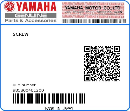 Product image: Yamaha - 985800401200 - SCREW   0