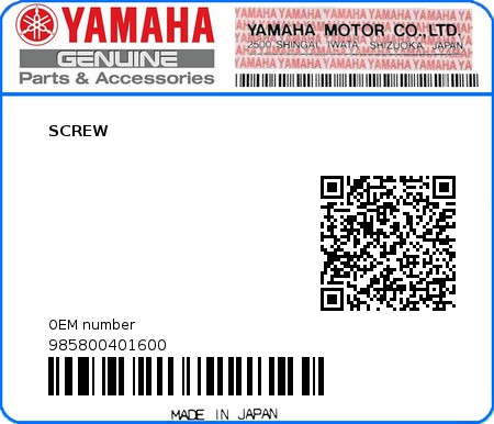 Product image: Yamaha - 985800401600 - SCREW  0