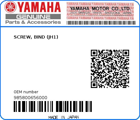 Product image: Yamaha - 985800656000 - SCREW, BIND (JH1)  0