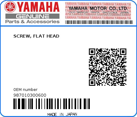 Product image: Yamaha - 987010300600 - SCREW, FLAT HEAD  0