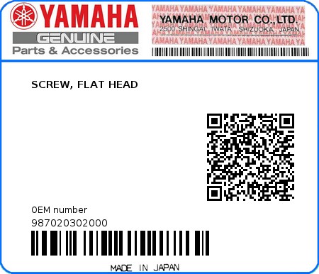 Product image: Yamaha - 987020302000 - SCREW, FLAT HEAD  0