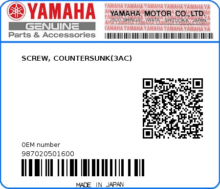Product image: Yamaha - 987020501600 - SCREW, COUNTERSUNK(3AC)  0