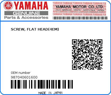 Product image: Yamaha - 987040601600 - SCREW, FLAT HEAD(4EM)  0