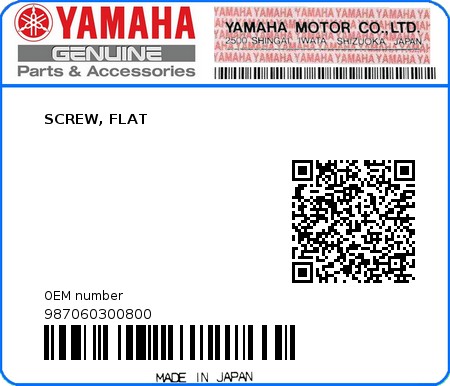 Product image: Yamaha - 987060300800 - SCREW, FLAT  0