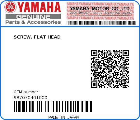 Product image: Yamaha - 987070401000 - SCREW, FLAT HEAD   0
