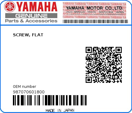 Product image: Yamaha - 987070601800 - SCREW, FLAT  0