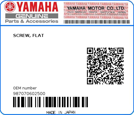 Product image: Yamaha - 987070602500 - SCREW, FLAT  0