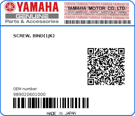 Product image: Yamaha - 989020601000 - SCREW, BIND(1JK)  0