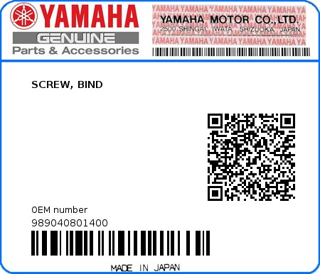 Product image: Yamaha - 989040801400 - SCREW, BIND   0