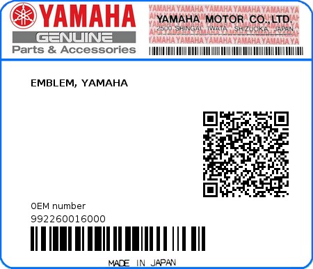 Product image: Yamaha - 992260016000 - EMBLEM, YAMAHA  0