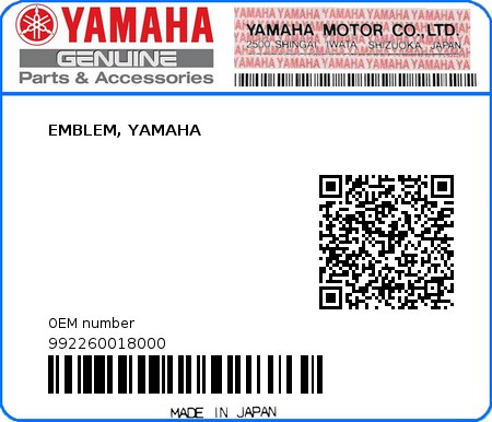 Product image: Yamaha - 992260018000 - EMBLEM, YAMAHA  0