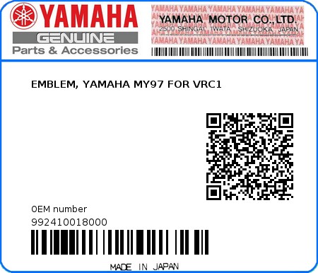 Product image: Yamaha - 992410018000 - EMBLEM, YAMAHA MY97 FOR VRC1  0