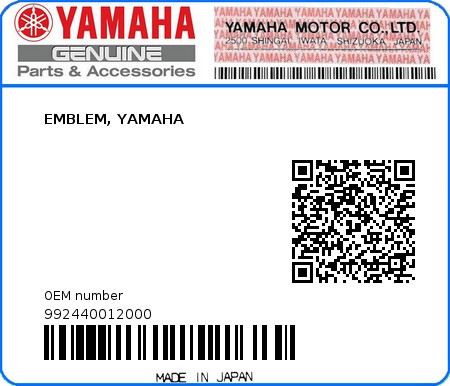 Product image: Yamaha - 992440012000 - EMBLEM, YAMAHA  0