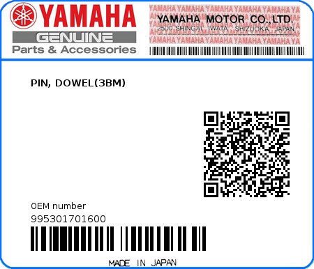 Product image: Yamaha - 995301701600 - PIN, DOWEL(3BM)  0