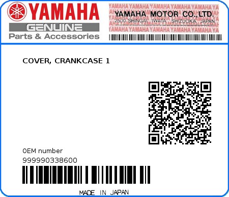 Product image: Yamaha - 999990338600 - COVER, CRANKCASE 1  0