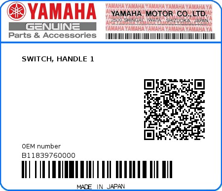 Product image: Yamaha - B11839760000 - SWITCH, HANDLE 1  0