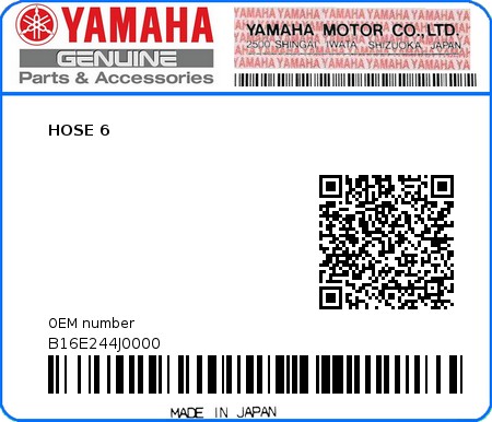 Product image: Yamaha - B16E244J0000 - HOSE 6  0