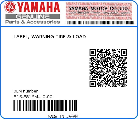 Product image: Yamaha - B16-F816M-U0-00 - LABEL, WARNING TIRE & LOAD  0