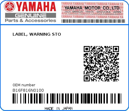 Product image: Yamaha - B16F816N0100 - LABEL, WARNING STO  0