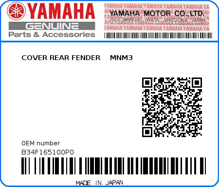 Product image: Yamaha - B34F165100P0 - COVER REAR FENDER    MNM3  0