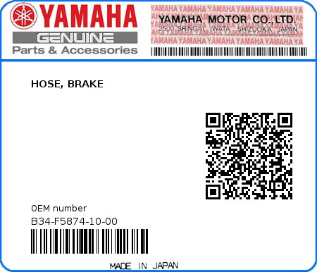 Product image: Yamaha - B34-F5874-10-00 - HOSE, BRAKE  0