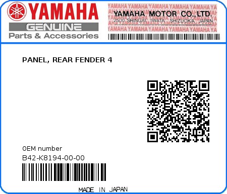 Product image: Yamaha - B42-K8194-00-00 - PANEL, REAR FENDER 4  0