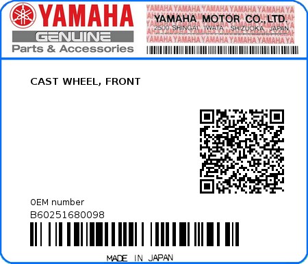 Product image: Yamaha - B60251680098 - CAST WHEEL, FRONT  0