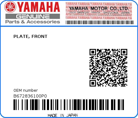 Product image: Yamaha - B672836100P0 - PLATE, FRONT  0