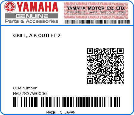 Product image: Yamaha - B672837W0000 - GRILL, AIR OUTLET 2  0
