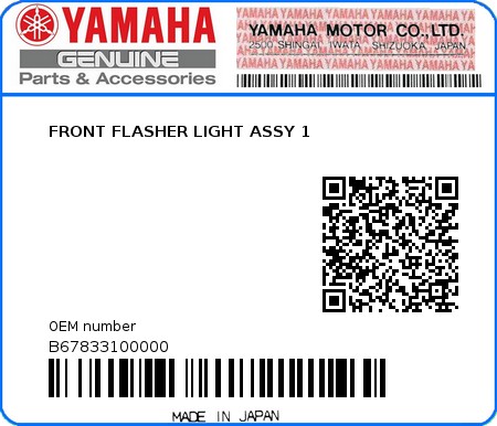 Product image: Yamaha - B67833100000 - FRONT FLASHER LIGHT ASSY 1  0