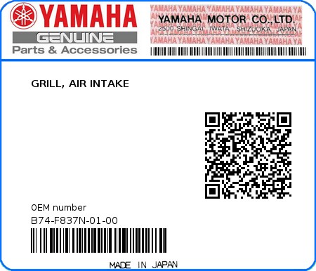 Product image: Yamaha - B74-F837N-01-00 - GRILL, AIR INTAKE  0