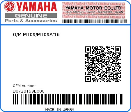 Product image: Yamaha - B8728199E000 - O/M MT09/MT09A'16  0
