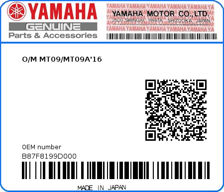 Product image: Yamaha - B87F8199D000 - O/M MT09/MT09A'16  0