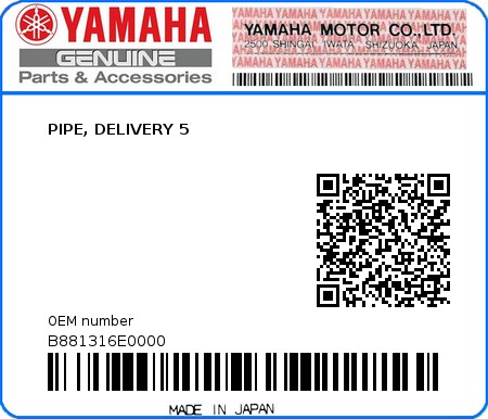 Product image: Yamaha - B881316E0000 - PIPE, DELIVERY 5  0