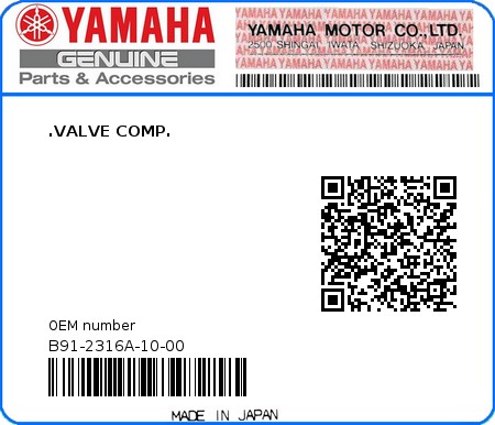 Product image: Yamaha - B91-2316A-10-00 - .VALVE COMP.  0
