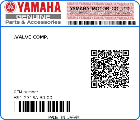 Product image: Yamaha - B91-2316A-30-00 - .VALVE COMP.  0