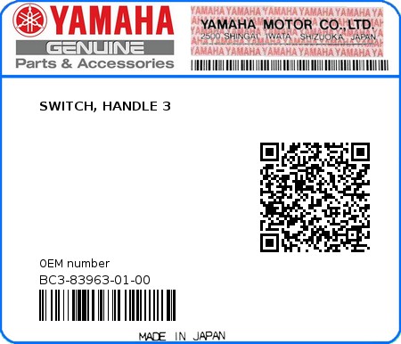 Product image: Yamaha - BC3-83963-01-00 - SWITCH, HANDLE 3  0
